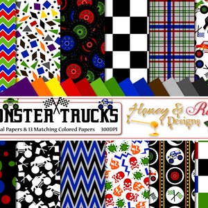 Digitale papieren MONSTER TRUCKS, 12 x 12 inch hoge kwaliteit jpeg-bestanden, vrachtwagen, monsterauto's, racen, banden, chevron, racetrucks, racepatroonontwerp