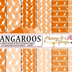 Papiers numériques kangourous orange et blanc, fichiers JPEG haute qualité 12 x 12 po, kangourou, marsupial, Joey, faune, silhouette animaux à pois