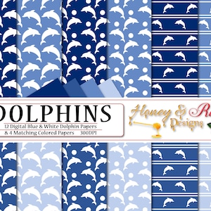 DOLPHINS Digital Papers Blue & White, 12&quot; x 12&quot; High Quality JPEG Files, Dolphin, Mammal, Animal, Animals, Ocean, Polkadots Sea Silhouette