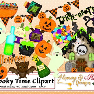 SPOOKY TIME Cyfrowe Clipart, Wysokiej Jakości 300 DPI Elementy, Halloween, Dynia, Mikstura Ducha Kota, Miska Cukierków, Nawiedzony Dom, Kocioł Czarownic