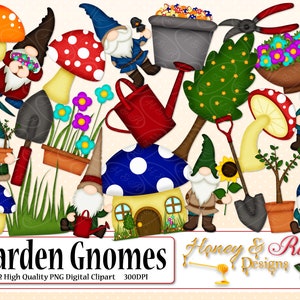 OGRODOWE GNOMY Cyfrowe Clipart, Wysokiej Jakości 300 DPI Elementy, Gnom, Kwiaty, Dom, Ogrodnictwo, Łopata, Trawa, Narzędzia, Drzewo, Grzyb, Roślina