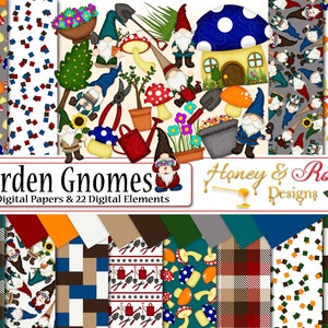 GARDEN GNOMS Digtal Papers & Clipart, 12" x 12" Wysokiej jakości pliki JPEG, Elementy 300 DPI, Gnom, Grzyb, Ogród, Narzędzia, Drzewo, Kwiat, Dom