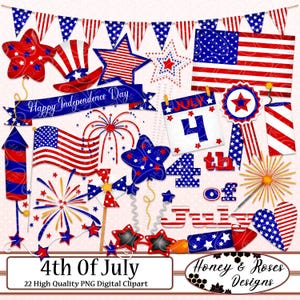 May include: A set of 22 digital clipart images for the 4th of July holiday. The images include stars, fireworks, flags, banners, and other patriotic symbols in red, white, and blue.