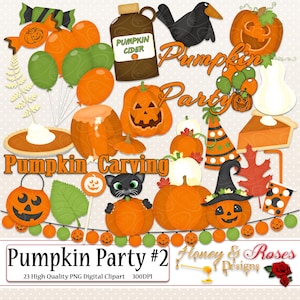 Puede incluir: Un conjunto de clipart digital con varias ilustraciones de temática de calabaza, incluyendo calabazas, un cuervo, un sombrero de bruja, un pastel y una pancarta que dice "Pumpkin Party".