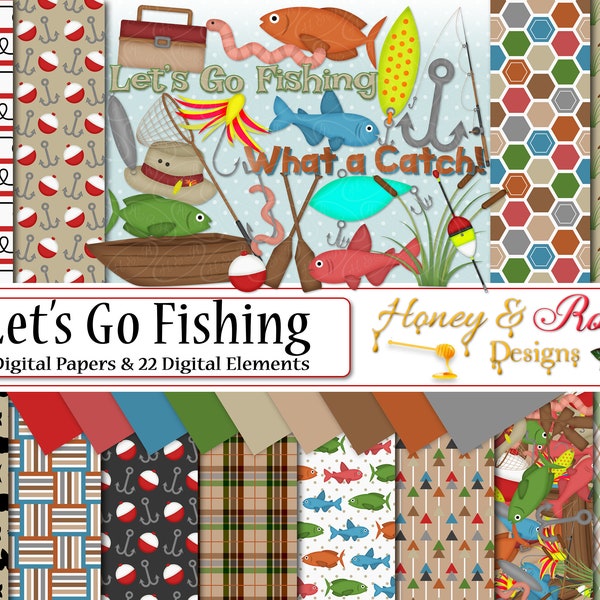 LET'S GO FISHING Digtal Papers & Clipart, 12" x 12" High Quality JPEGs, 300DPI Elements, Fish, Trip, Pond, Lake, Hunt, Camping, Hunting Boat