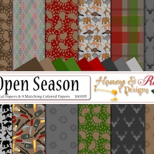 Puede incluir: Un conjunto de 21 papeles digitales con varios temas de caza y actividades al aire libre. Los papeles incluyen patrones de astas de ciervo, huellas de patas, camuflaje y equipo de caza. Los papeles son de 300 DPI y son perfectos para proyectos de manualidades, scrapbooking y diseño digital.