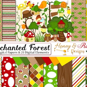 May include: A digital paper pack with 19 different patterns and 23 digital elements featuring a whimsical enchanted forest theme. The patterns include mushrooms, leaves, owls, and a fairy house. The digital elements include a fairy, a snail, a bird, and a sign that says "Fairy Hollow".