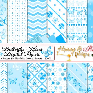 BUTTERFLY KISSES Carte digitali, JPEG di alta qualità 12" x 12", farfalle, bacio, fiori, carta glitterata, blu, sagome, design a zig zag