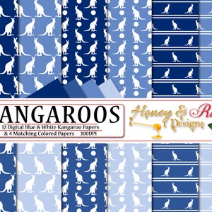 Papiers numériques kangourous bleu et blanc, fichiers JPEG haute qualité 12 x 12 po, kangourou, marsupial, Joey, faune, animal, pois, silhouette