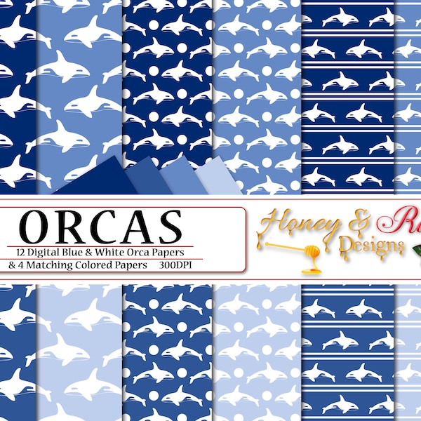 ORCAS Digital Papers Blue & White, 12" x 12" High Quality JPEG Files, Orca, Killer Whale, Mammal, Ocean, Sea, Animal, Polkadots, Silhouette