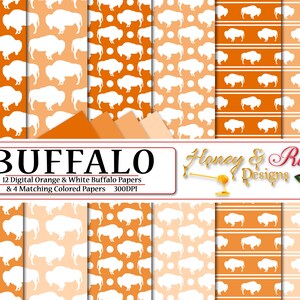 May include: Twelve digital papers featuring a white buffalo silhouette on an orange background. The papers have different patterns, including polka dots, stripes, and a solid orange background. The papers are 300 DPI and are perfect for crafting and scrapbooking.
