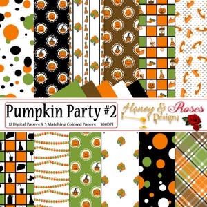 Puede incluir: Un conjunto de 12 papeles digitales y 5 papeles de colores a juego con un tema de fiesta de calabazas. Los papeles incluyen varios patrones con calabazas, globos, sombreros y otros elementos festivos en naranja, verde, negro y blanco.