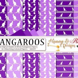 Papiers numériques kangourous violet et blanc, fichiers JPEG haute qualité 12 x 12 po, kangourou, marsupial, Joey, faune, silhouette animaux à pois