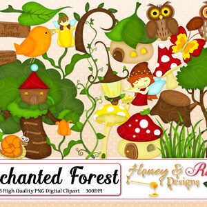 Clipart numérique FORÊT ENCHANTÉE, éléments 300 ppp de haute qualité, fée, lutin, cabane dans l'arbre magique, fleur, champignon, lanterne, village de champignons vénéneux