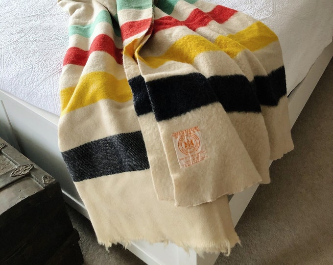 Vintage 1950s Hudsons Bay 4 Point Blanket 100 Wool Standard Double