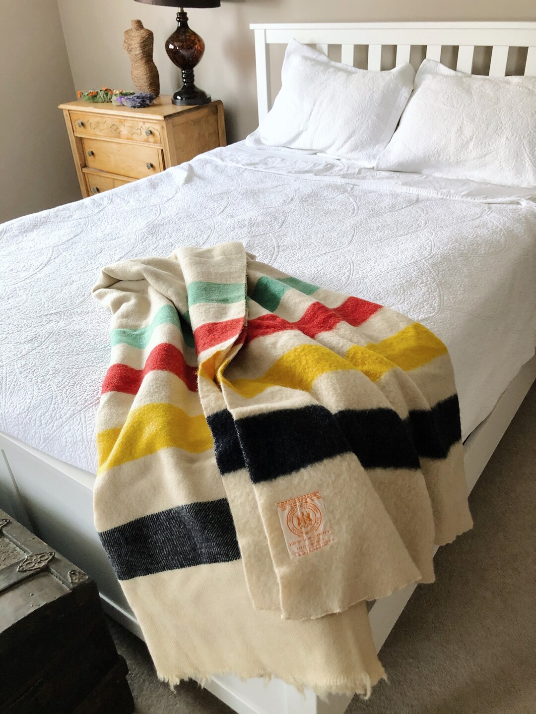 Vintage 1950s Hudsons Bay 4 Point Blanket 100 Wool Standard Double