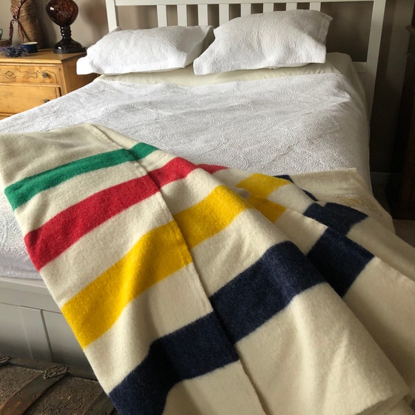 Vintage Hudsons Bay 8 Point Blanket | 100% Wool King Size Blanket | 4 Stripes | Made in England