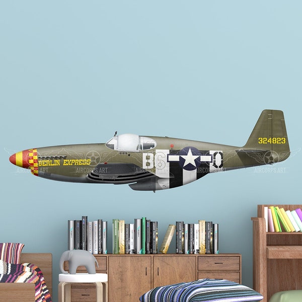P-51B Mustang "Berlin Express" Flugzeug Profil Wandkunst - P51 Flugzeug Aufkleber WWII Jungen Kinderzimmer Pilot Geschenk Flugzeug Druck Dekor