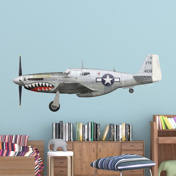 P-51C Mustang "Evalina" Flugzeug Hai Mund Profil Wandkunst - P51 Flugzeug Aufkleber WWII Jungen Kinderzimmer Pilot Geschenk Flugzeug Druck Dekor