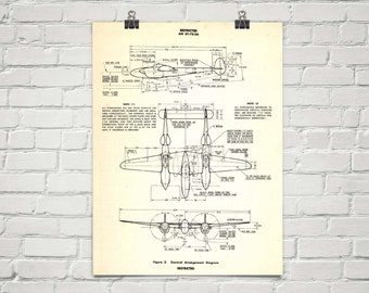 May include: A black and white technical drawing of a Lockheed P-38 Lightning aircraft. The drawing shows the general arrangement of the aircraft, including the wings, fuselage, tail, and engines. The drawing is labeled "RESTRICTED" and "Figure 2. General Arrangement Diagram".
