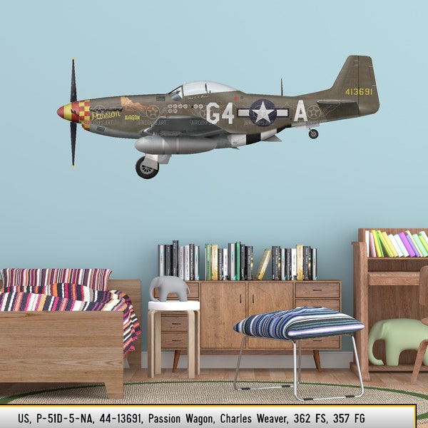 P-51D Mustang "Passion Wagon" Flugzeug Profil Wandkunst - P51 Flugzeug Aufkleber WWII Jungen Kinderzimmer Pilot Geschenk Flugzeug Druck Dekor