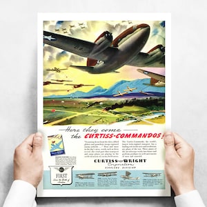 Vintage Airplane Poster Curtiss Comando &quot;Here they come&quot; Vintage Military Aircraft Airplane Poster Ad Reproduction 24&quot;x18 - Aircorps Art