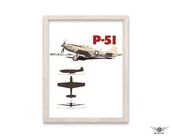 Descarga de impresión del avión Mustang P51 / Impresiones de aviones militares / Póster de arte decorativo de pared para habitación infantil, oficina y temática de aviación de la Fuerza Aérea