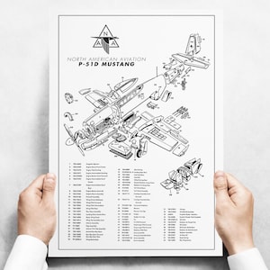 Póster vintage del avión P-51D Mustang - Diagrama de ensamblaje del avión P-51 (vista despiezada) - 91 x 61 cm - Aircorps Art