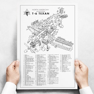 Vintage Airplane Poster T-6 Texan - Exploded View Aircraft Assembly WWII Diagram 24&quot;x36&quot; - Aircorps Art