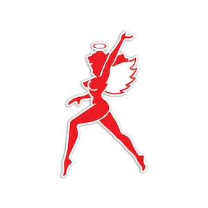 Puede incluir: Una silueta roja de una mujer con alas, un halo y un diseño de fuego. La mujer está en una pose de carrera con los brazos levantados.