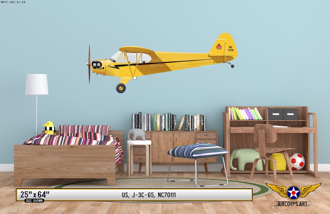 J3 Piper Cub Airplane Profile Wall Art Decal Print Art Poster Gift for Pilot, Men, Dad