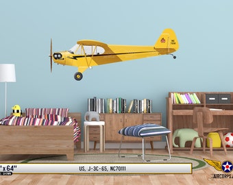 J-3 Piper Cub Airplane Profile Wall Art Decal | Print Art Poster | Gift for Pilot, Men, Dad, Boyfriend, Him, Wall Art , Aviation Art