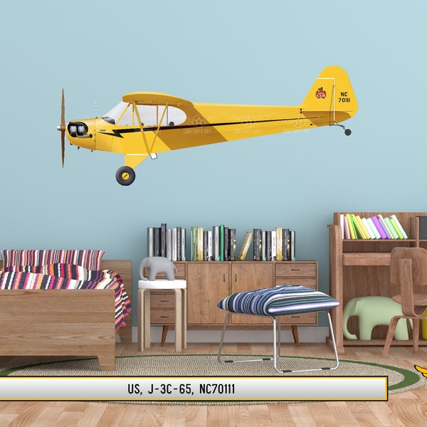 J-3 Piper Cub Perfil de avión Calcomanía de arte de pared / Cartel de arte impreso / Regalo para piloto, hombres, papá, novio, él, arte de pared, arte de aviación