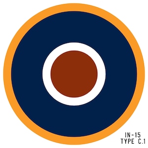 May include: A round, blue and orange target with a white ring and a brown centre circle. The text "IN-15 TYPE C.1" is printed below the target.