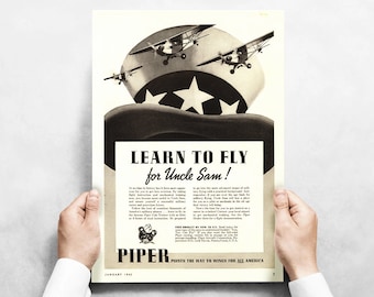 Piper Cub "Learn To Fly" Vintage Print | WWII Decor, Art Poster | Gift for Pilot, Men, Dad, Boyfriend, Him, Wall Art , Aviation Art