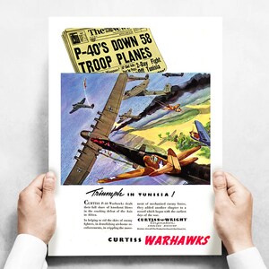 Vintage Airplane Poster P-40 &quot;Triumph in Tunisia&quot; Vintage Military Aircraft Airplane 24&quot;x18 - Aircorps Art