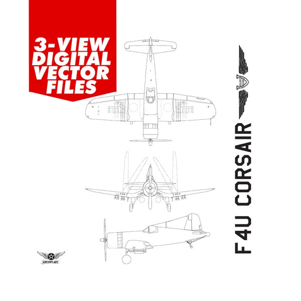 F4U Airplane Vector Art - Corsair Warbird Digital Plane Artwork Blueprint 3-View Profile  - 6 File Pack - Digital Download