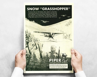 J-3 Piper Cub "Snow Grasshopper" Vintage Print | WWII Decor, Art Poster | Gift for Pilot, Men, Dad, Boyfriend, Him, Wall Art , Aviation Art