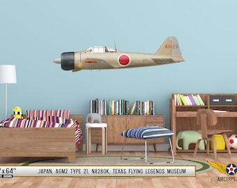 Japanische MITsusu A6M2 Flugzeug Profil Wandkunst - Flugzeug Aufkleber WWII Jungen Kinderzimmer Zimmer Pilot Geschenk Flugzeug Druck Dekor