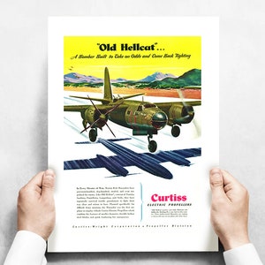Plane Wall Art Vintage Airplane Poster B-26 Marauder &quot;Old Hellcat&quot; Vintage Military Aircraft Curtiss Electric Propeller Advertisement