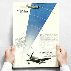 Vintage Airplane Poster Republic Aviation &quot;It Fights Up here!&quot; P-47 Thunderbolt Military Aircraft Airplane Poster 24&quot;x18 - Aircorps Art