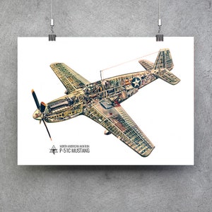 Puede incluir: Una ilustración en sección transversal de un avión de combate North American Aviation P-51C Mustang. El avión se muestra en un patrón de camuflaje verde claro y marrón con una estrella blanca en el fuselaje. La ilustración muestra el funcionamiento interno del avión, incluido el motor, las alas y el tren de aterrizaje.