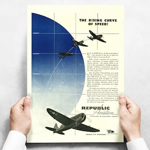 Vintage Airplane Poster  P-47 Poster &quot;The Rising Curve of Speed&quot; Republic Aviation P-47 Thunderbolt Military Aircraft 24&quot;x18 - Aircorps Art