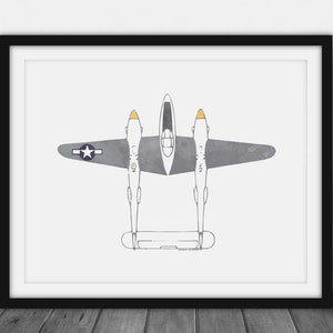Lockheed P-38 Lighting Airplane Print Decor - Boys Room Plane Nursery Plane Art - Watercolor Aviation Office Wall Decor Art Poster Download