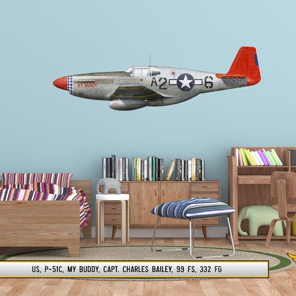 Red Tail P-51C Mustang "My Buddy" Flugzeug Profil Wandkunst - P51 Flugzeug Aufkleber WWII Jungen Kinderzimmer Pilot Geschenk Flugzeug Druck Dekor