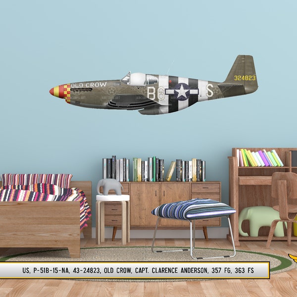 P-51B Mustang "Old Crow" Flugzeug Profil Wandkunst - P51 Flugzeug Aufkleber WWII Jungen Kinderzimmer Pilot Geschenk Flugzeug Druck Dekor
