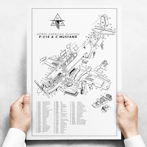 Vintage Airplane Poster P-51B & C Mustang - P51 Exploded View Aircraft Assembly Diagram - 36&quot;x24&quot; - Aircorps Art