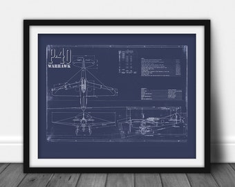 P-40 Warhawk Vintage Plane Blueprint | 100% Authentic WWII Art Decor | Gift for Pilot, Men, Dad, Boyfriend, Him, Wall Art