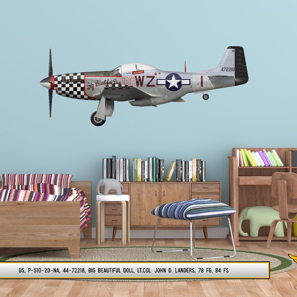 P-51D Mustang "Big Beautiful Doll" Flugzeug Profil Wandkunst - P51 Flugzeug Aufkleber WWII Jungen Kinderzimmer Pilot Geschenk Flugzeug Druck Dekor