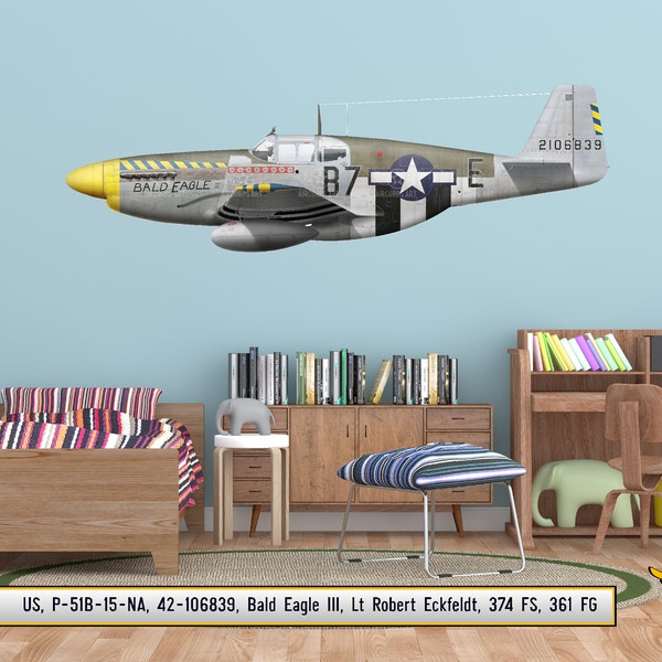 P-51B Mustang "Baldadler III" Flugzeug Profil Wandkunst - P51 Flugzeug Aufkleber WWII Jungen Kinderzimmer Pilot Geschenk Flugzeug Druck Dekor